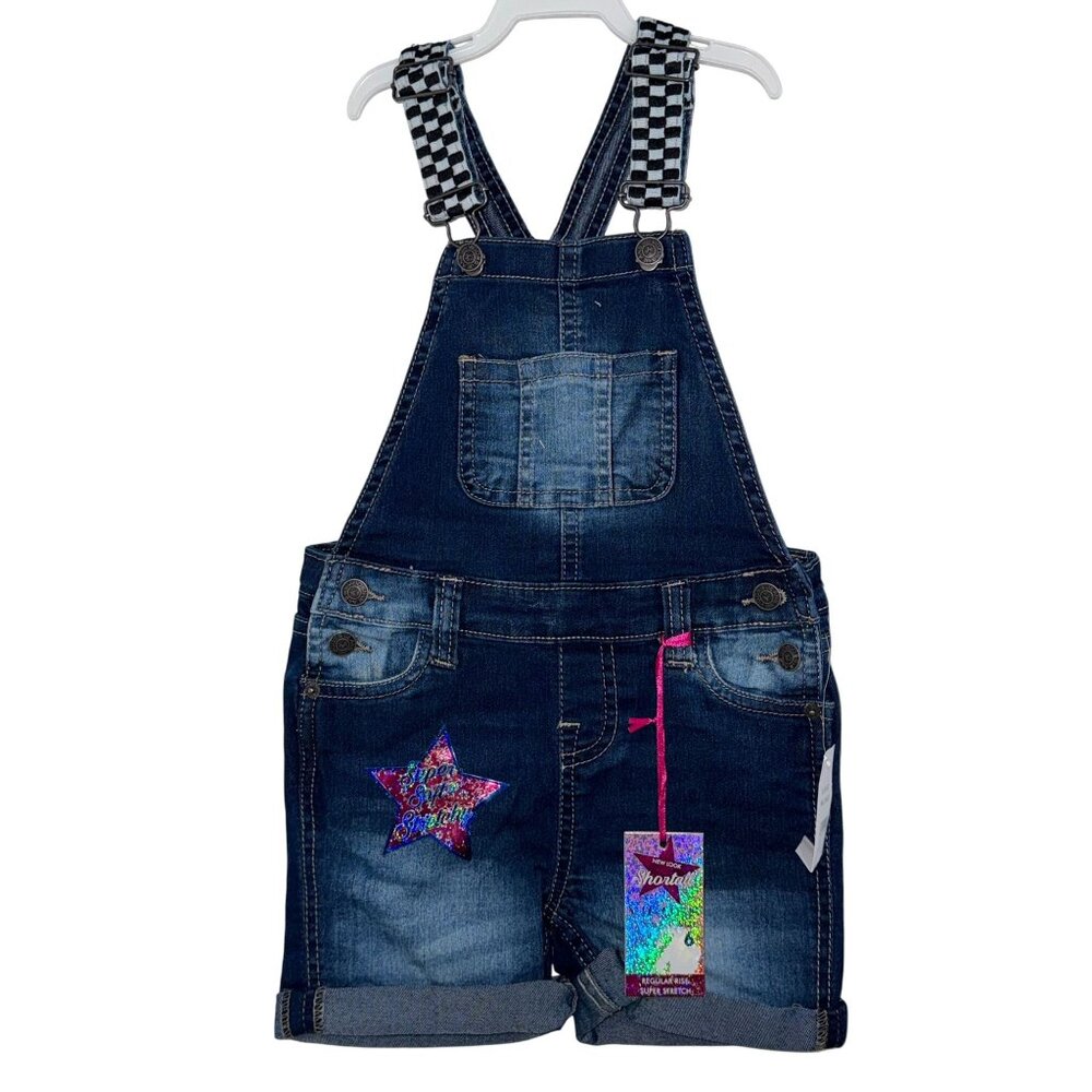 Vigoss Girls Dark Wash Denim Shortall Overalls With Checkered Straps & Star Patc